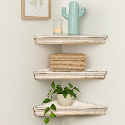 Floating Corner Shelves: Rustic Whitewashed Triangular Set for Small Space