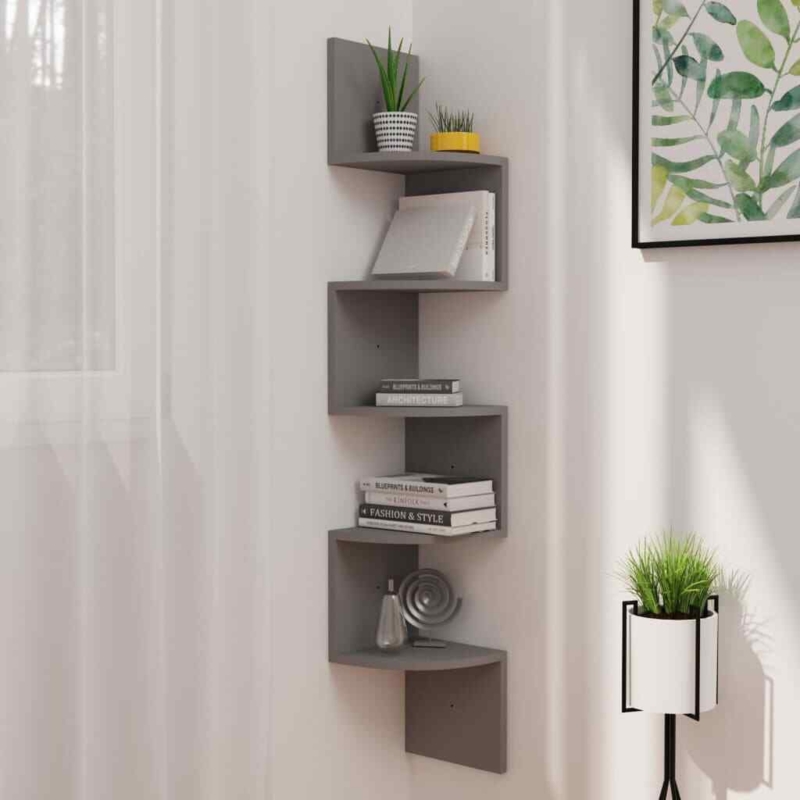 Floating Gray Corner Shelf with Zig Zag Design in Matte Wood Grain