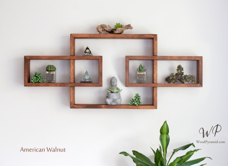 Floating Shelf Asymmetrical Grid Dark Walnut Wood Rustic Display