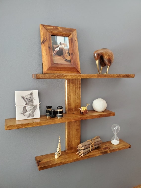 Floating Shelf Beveled Edges: Modern Rustic Wall Ledge Wood Grain