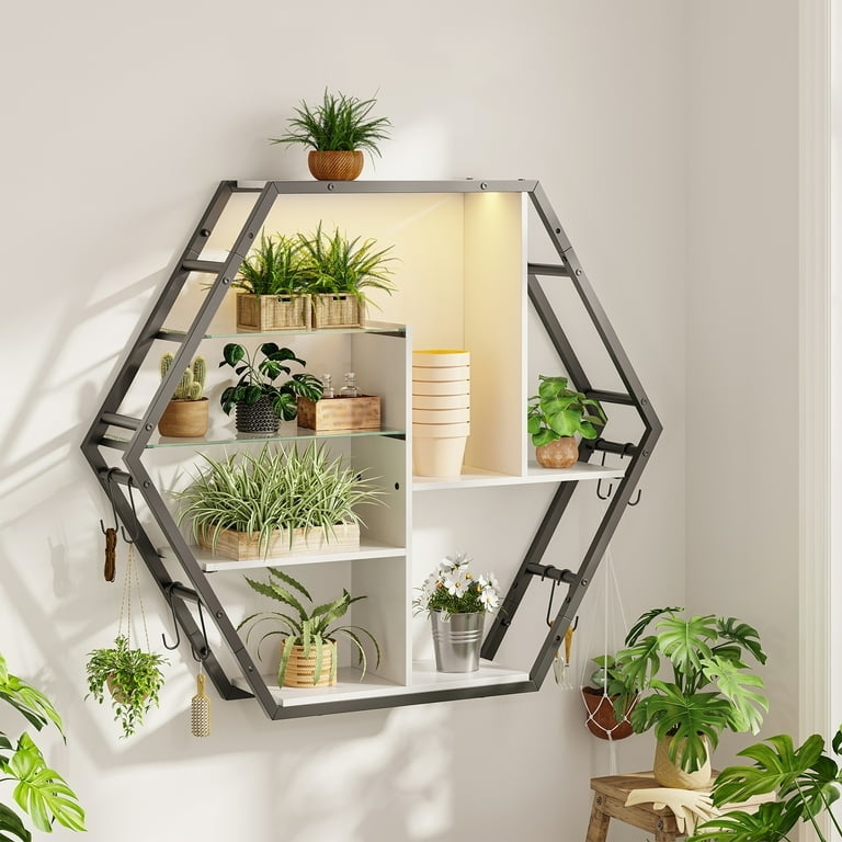 Floating Shelf Blue LED Lighting Hanging Glassware Hooks White