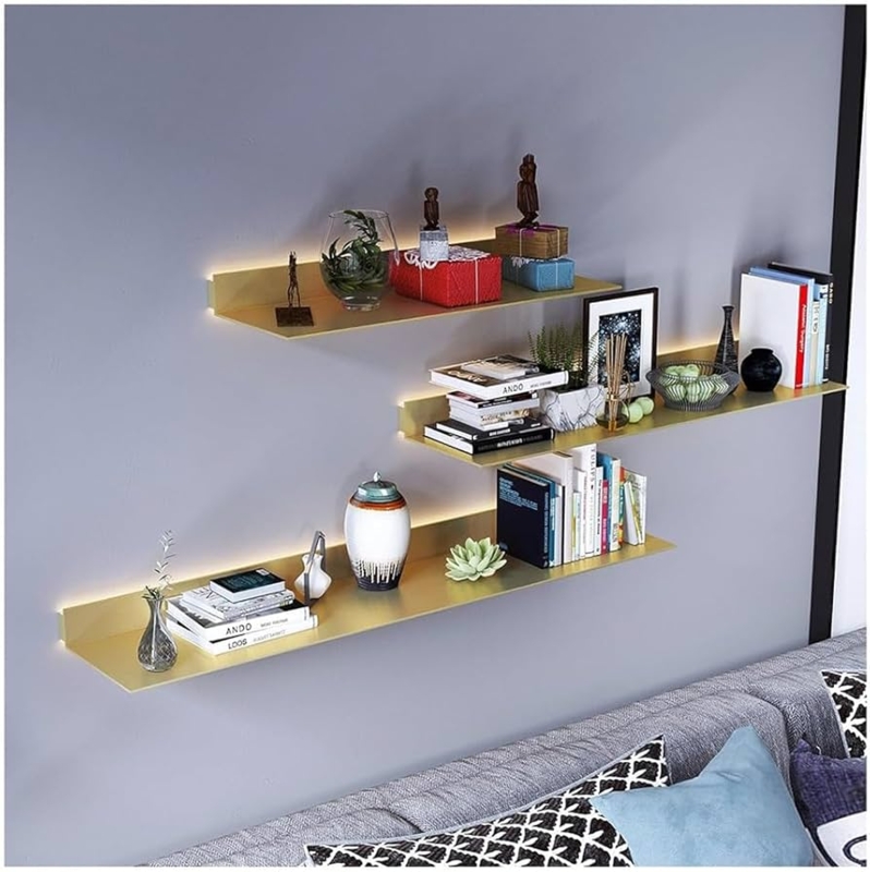 Floating Shelf Gold Metallic Integrated LED Modern Bar Display (62 chars)