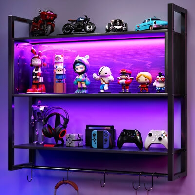 Floating Shelf, Hexagonal Shape with LED Lighting, Black Gamer Aesthetic