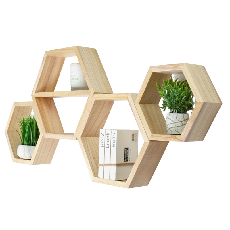 Floating Shelf Honeycomb Pattern Natural Wood Hexagon Shelves (72 chars)