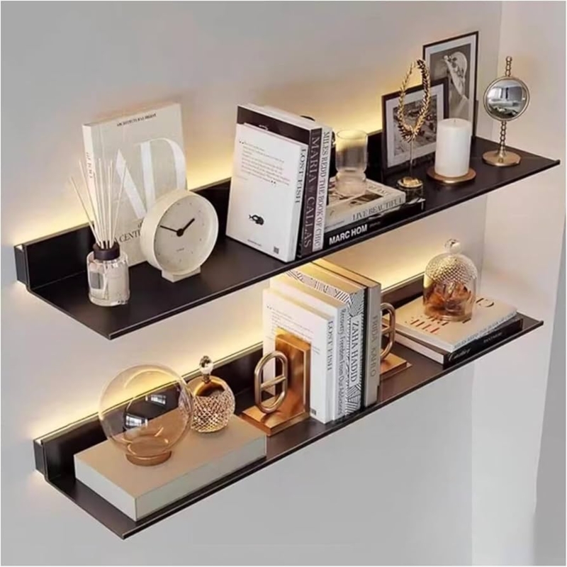 Floating Shelf: Integrated LED Matte Black Metal, Minimalist Modern Wall Decor