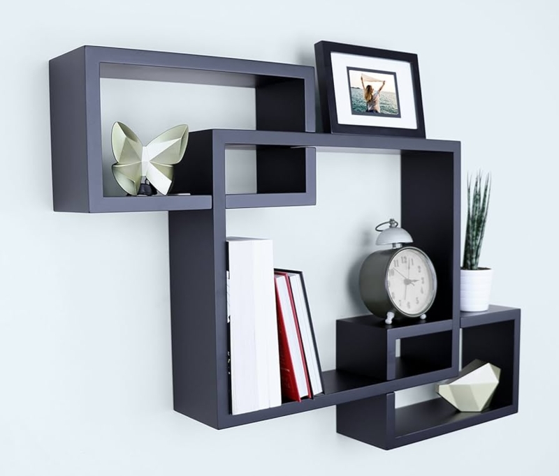 Floating Shelf, Interwoven Geometric Design, Matte Black Wall Storage