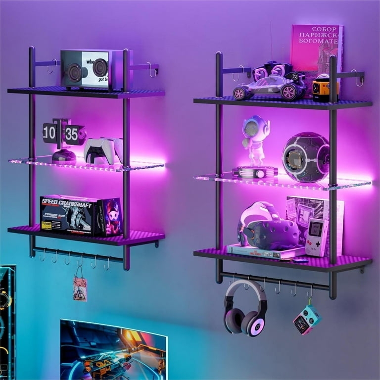 Floating Shelf LED Lighting Carbon Fiber Finish Integrated Mug Rail