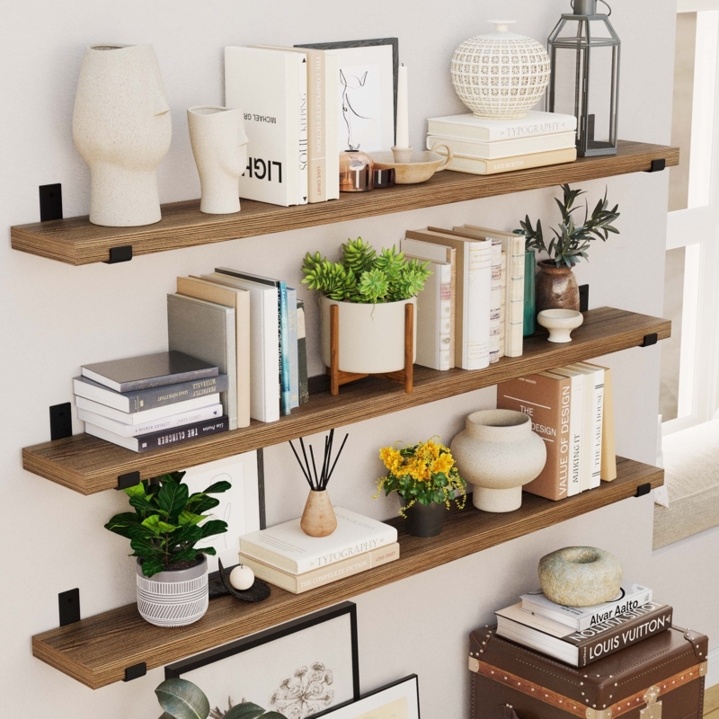Floating Shelf Long Bracketless Burnt Wood Wall Shelf Decor