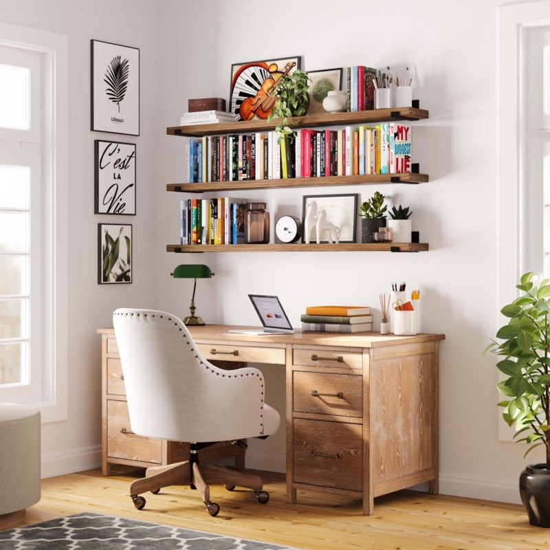 Floating Shelf Long Profile Burnt Wood Finish Bracketless Design