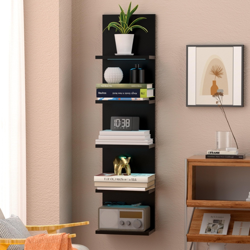 Floating Shelf Matte Black LED Backlit Five Tier Vertical Display