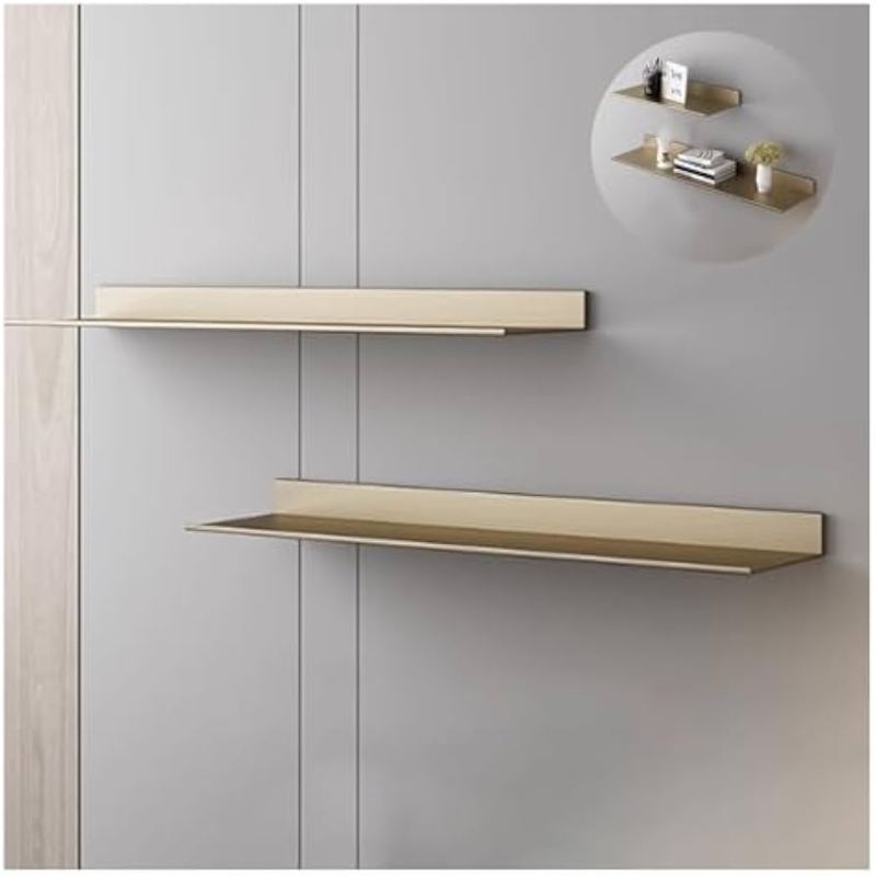 Floating Shelf, Minimalist Gold Finish, Front Lip Slim Metal Ledge