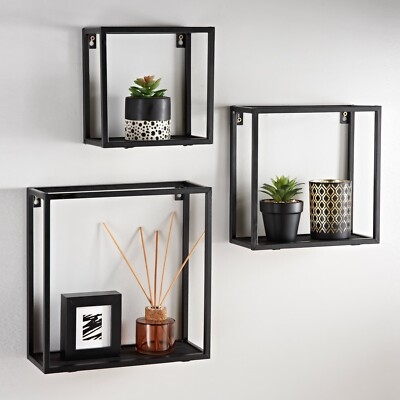 Floating Shelf Set Black Metal Staggered Sizes Open Frame