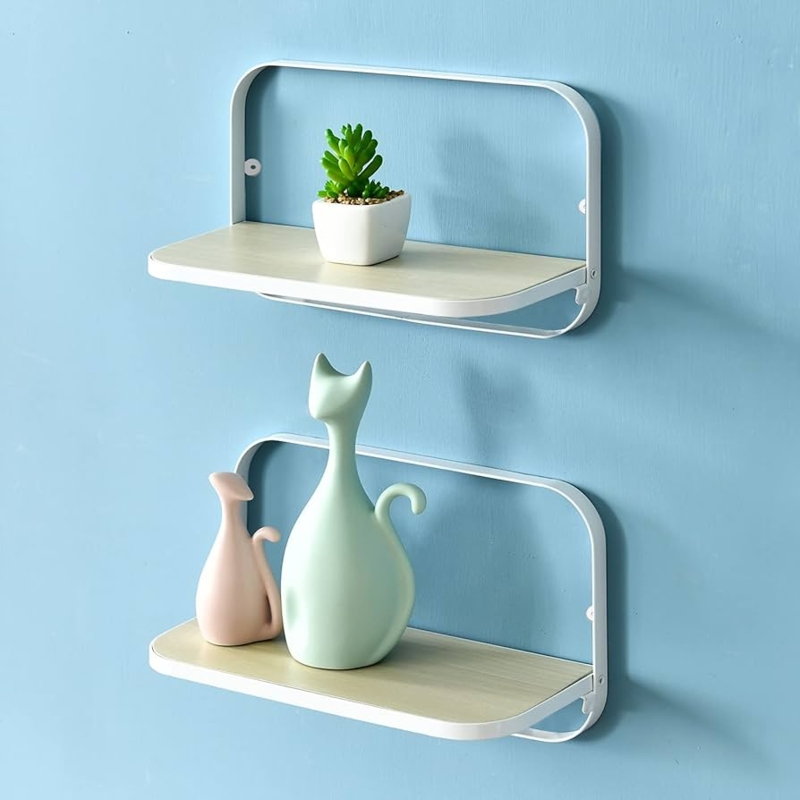 Floating Shelf Set: Geometric White Metal Frame with Walnut Wood Board