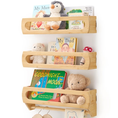 Floating Shelf Set of Three Wood Toned Nursery Floating Book Shelf Set (72 chars)
