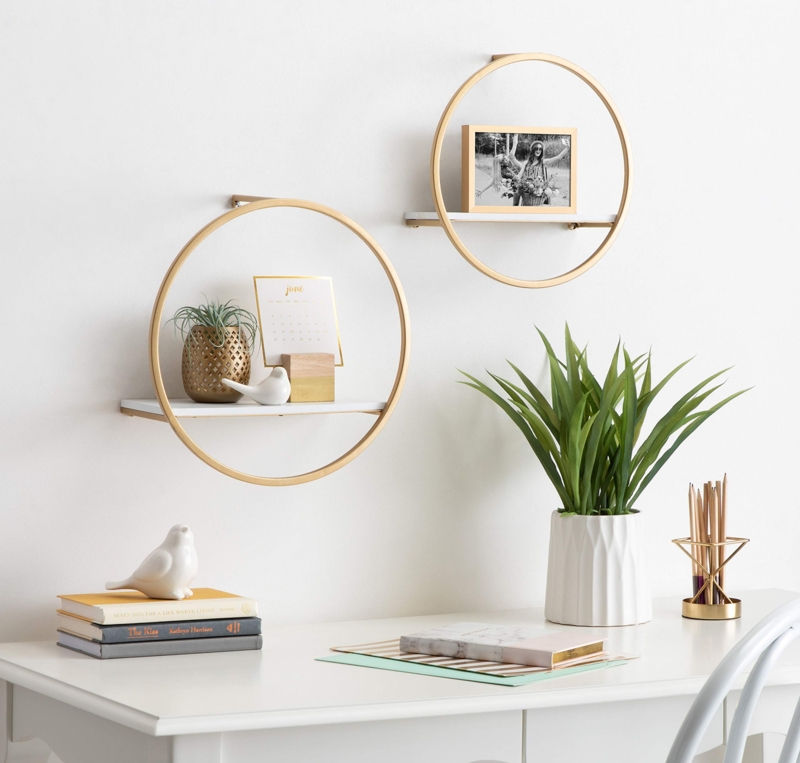Floating Shelf Set of Two Circular Gold Frame White Boards
