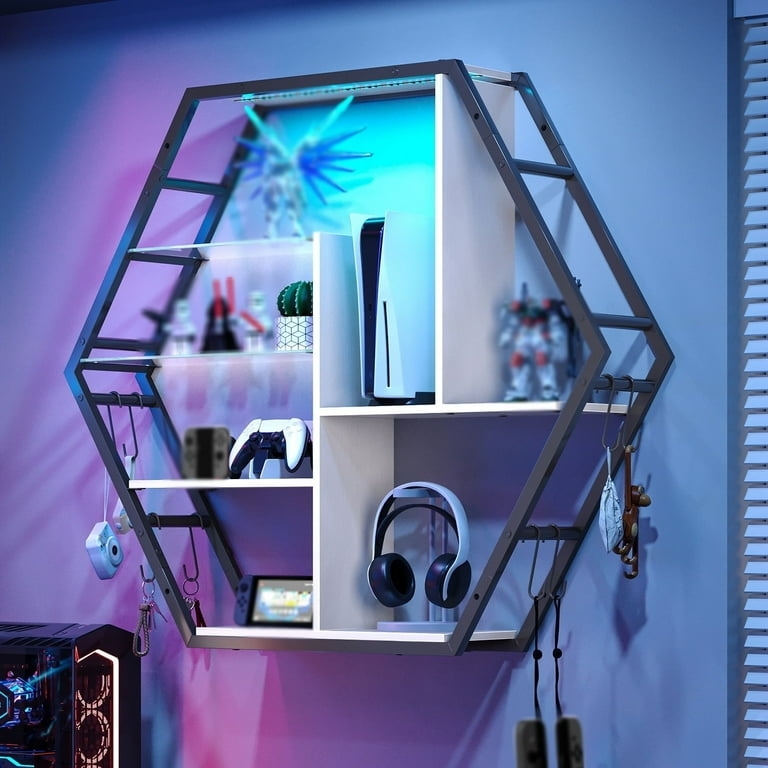 Floating Shelf Set of Two White LED Lighting Integrated Hooks