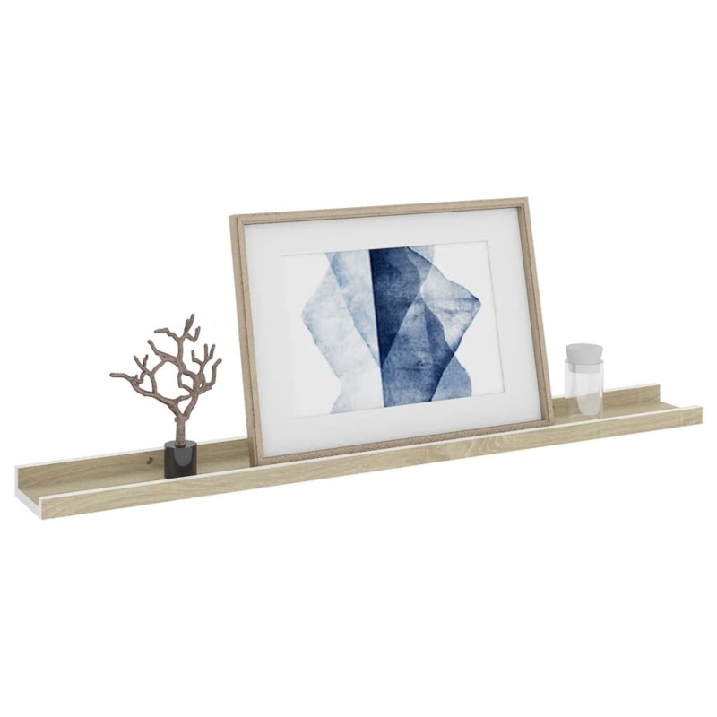 Floating Shelf Set: Slim White Lipped Ledges with Oak Front Trim, 2-Pack