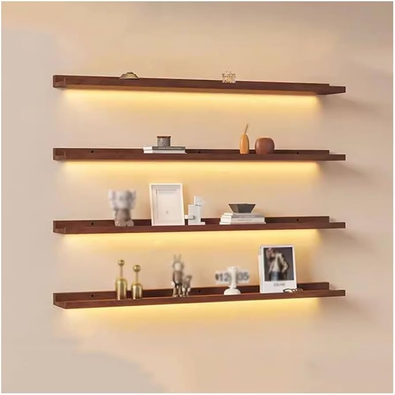 Floating Shelf Set with Integrated Warm LED Lighting and Wood Finish