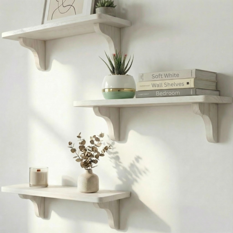 Floating Shelf Staggered Layout Set Of Three Matte White Styling