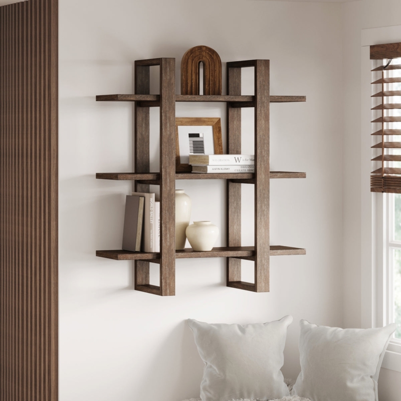 Floating Shelf Three Tier Dark Brown Wire Brushed Wood