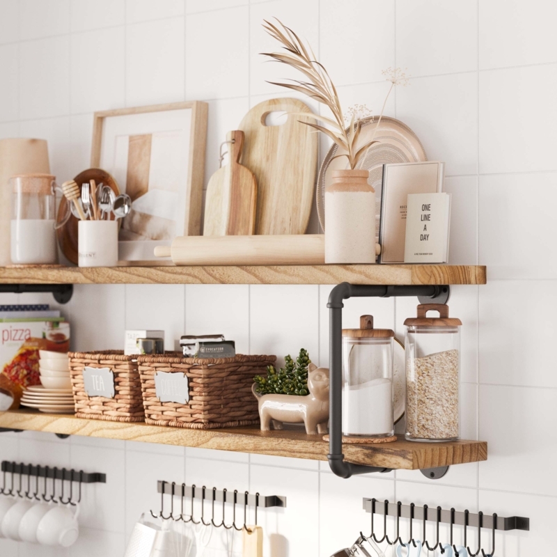 Floating Shelf, Two-Tier Design, Pipe Brackets, Distressed Finish.