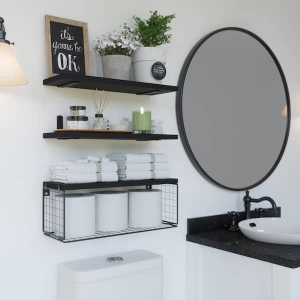 Floating Shelf Two Tier Set Wood Toned with Integrated Wire Basket