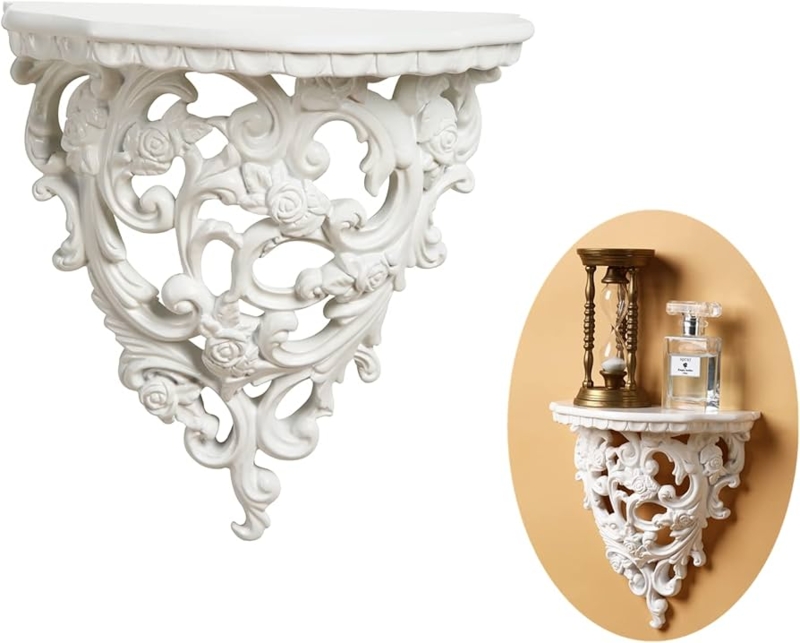 Floating Shelf White Baroque Hollow Carving Scrollwork Design Resin