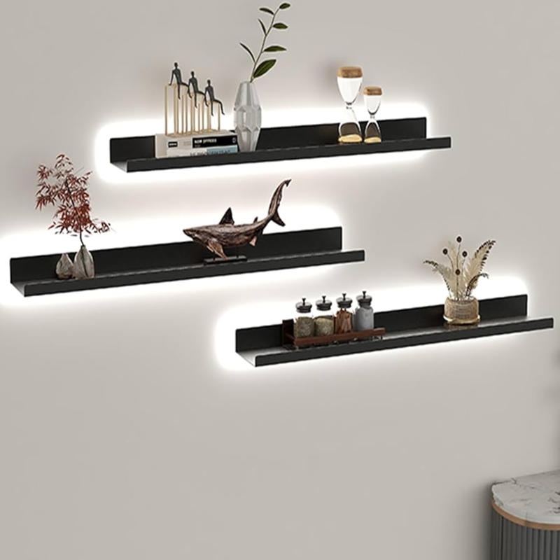 Floating Shelf with Integrated LED Lighting, Matte Black Modern Display