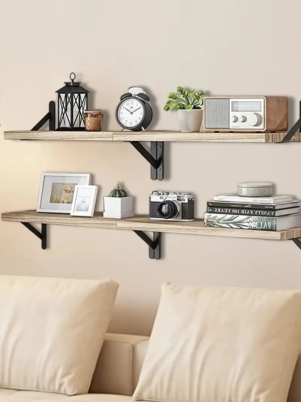 Floating Shelf with Vertical Slat Backdrop, Light Wood for Wall Decor