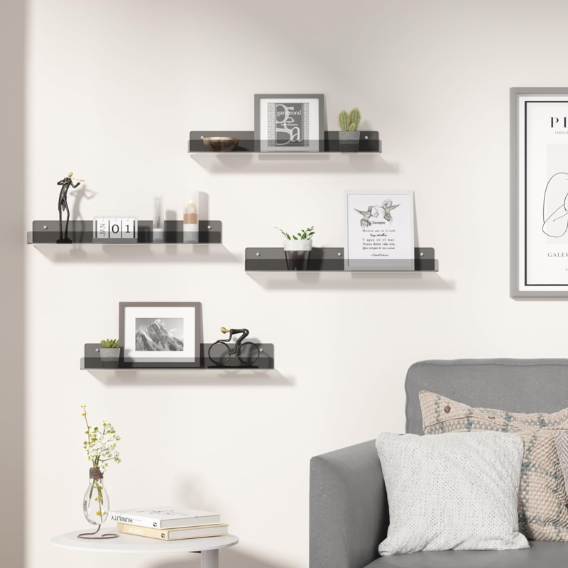 Floating Shelves, Black Acrylic Set of 4, Front Lip Ledge, Glossy U Shaped