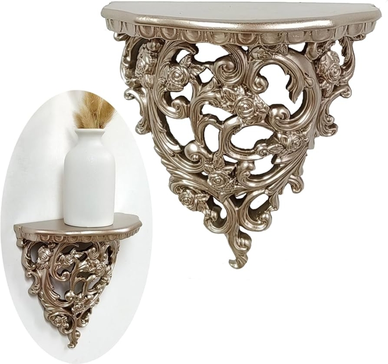 Floating Shelves Champagne Gold Baroque Motif Ornate Scrollwork