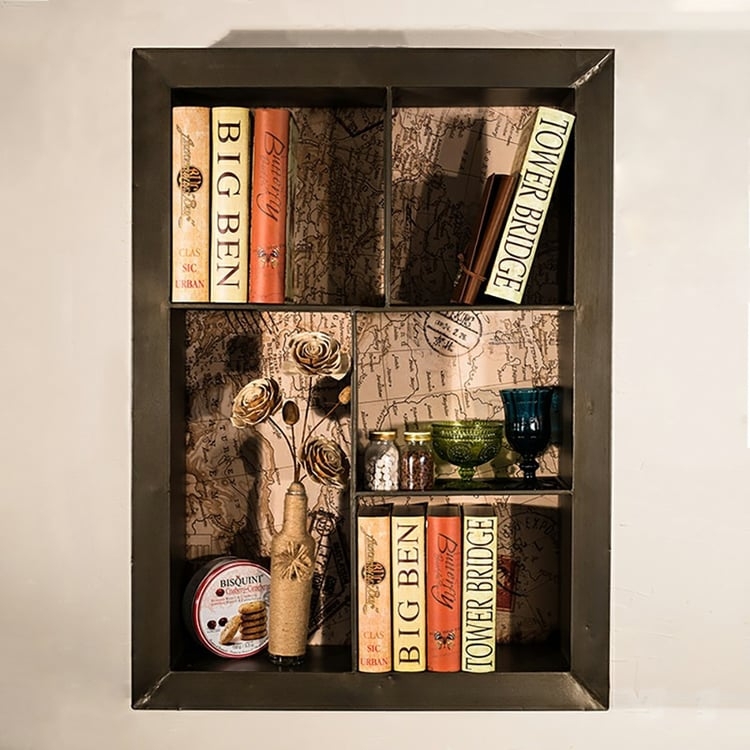 Floating Shelves, Circular Metal Frame, Staggered Wall Arrangement.