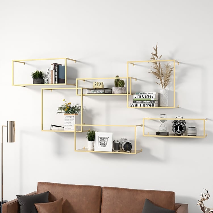 Floating Shelves, Geometric Circular Frame, Gold Metallic Modern Glam