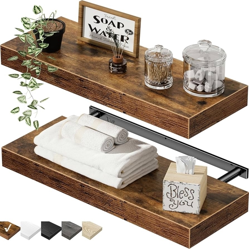 Floating Shelves Rustic Brown Finish Exposed Black Metal Brackets