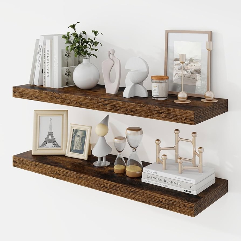 Floating Shelves Rustic Brown Wood Thick Profile Set of 2