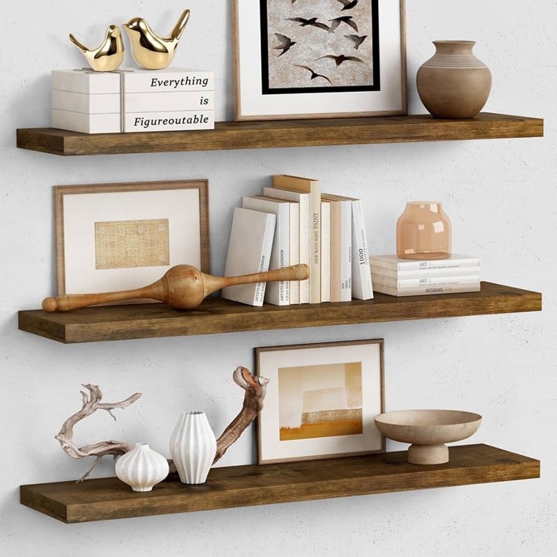 Floating Shelves Rustic Wood Toned Thick Profile Set of Three