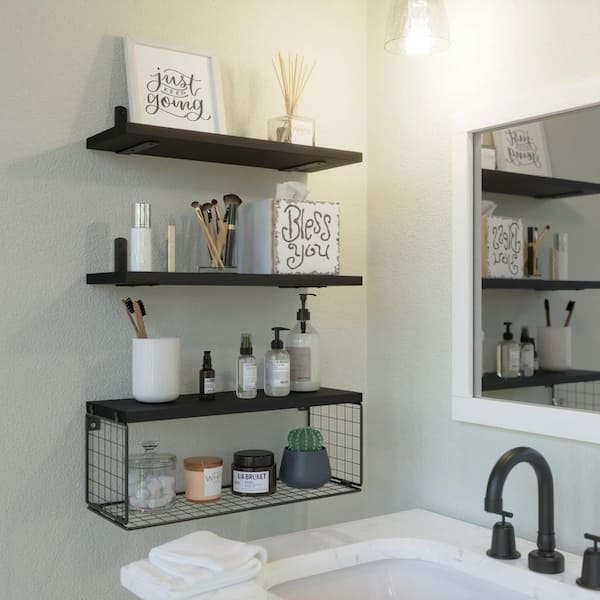 Floating Shelves Set Black Wood Toned with Wire Basket Storage