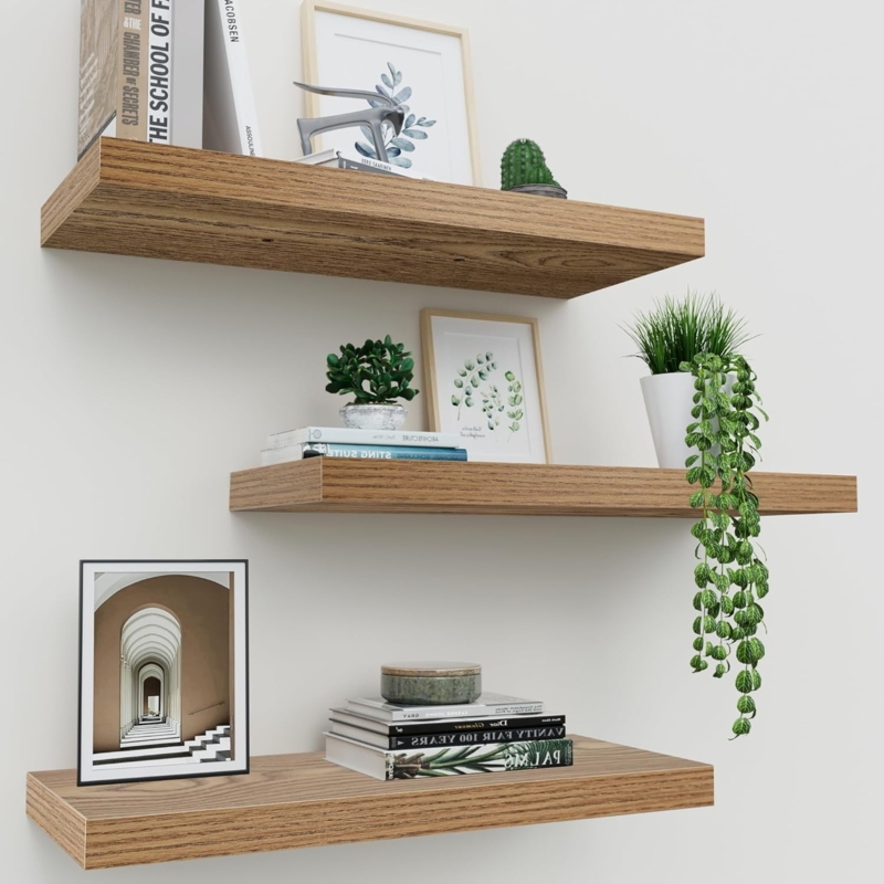Floating Shelves Set of 3, Staggered Layout on Rustic Wood White Brick