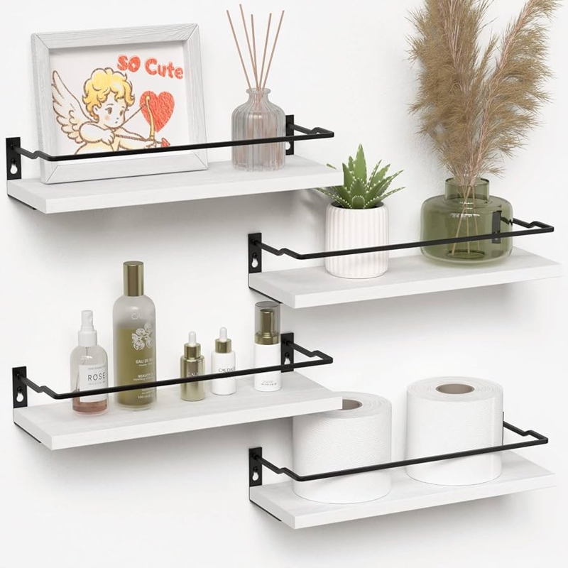 Floating Shelves Set of Four Matte White Black Metal Guard Rails Modern