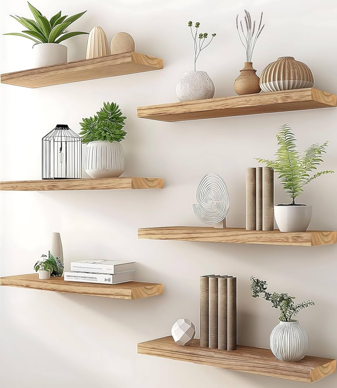 Floating Shelves Set of Six in Staggered Light Brown Wood Layout