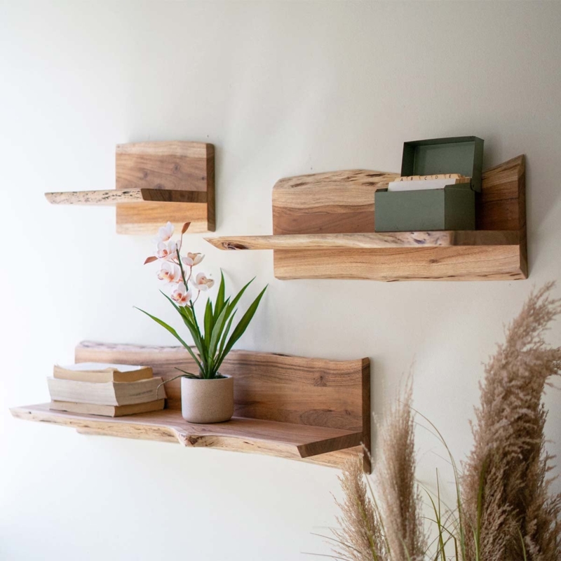 Floating Shelves, Set of Three Staggered Live Edge Wood.
