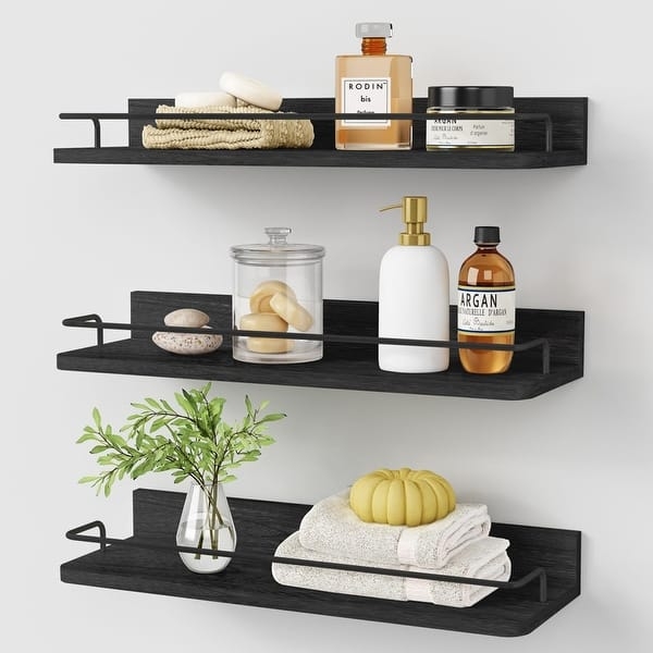Floating Shelves Set of Three Wood Toned Black Guard Rails Industrial