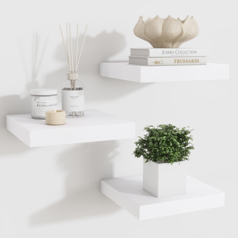 Floating Shelves Set: Square White Compact Decor Display with Invisible Brackets