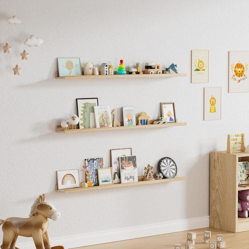 Floating Shelves, Slim Profile Set, Light Natural Wood Grain.