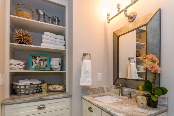 Floating Shelves Stacked Design, Natural Wood and White Bathroom Storage