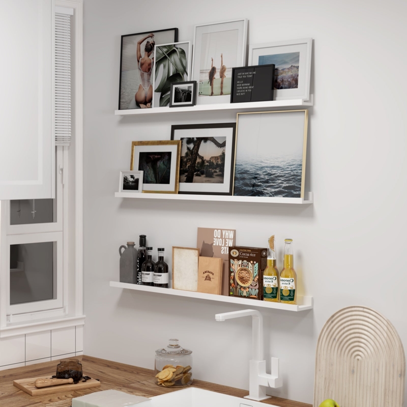 Floating Shelves: Staggered Depths Picture Ledge Set White, Scandi Gallery Wall