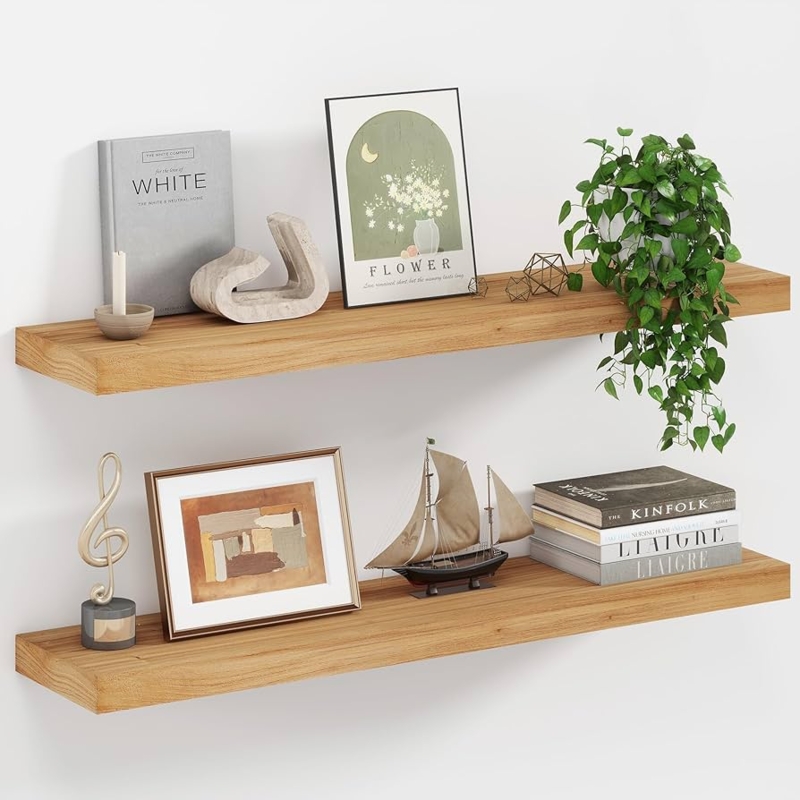 Floating Shelves: Thick Profile Natural Wood Grain, Rustic Modern Farmhouse