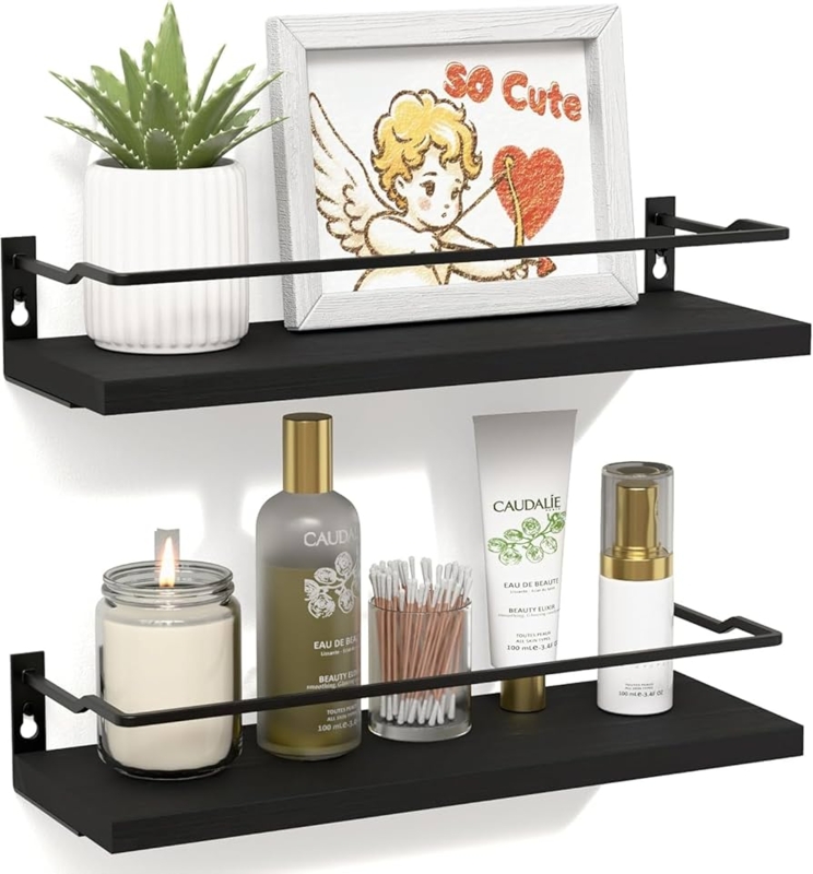 Floating Shelves Two Tier Metal Frame with Guardrail and Wire Basket