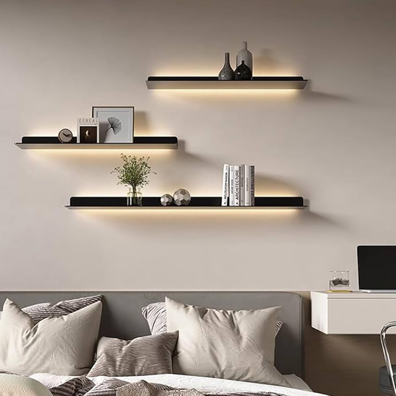 Floating Shelves with Built-in LED Lights, Black Metal for Modern Storage