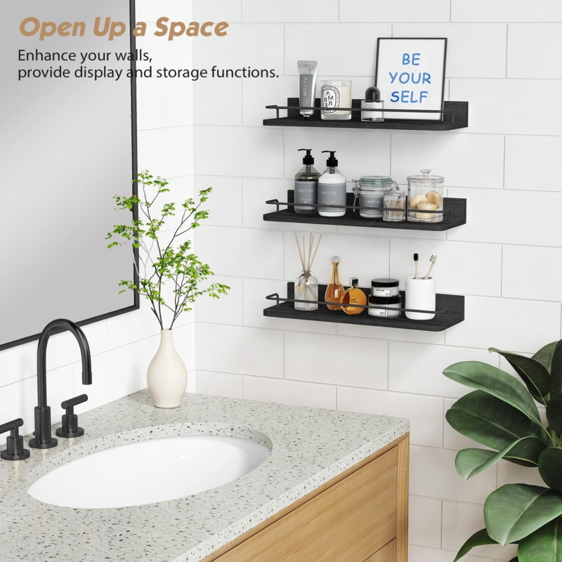 Floating Shelves with Protective Lip Rail Black Set of Three